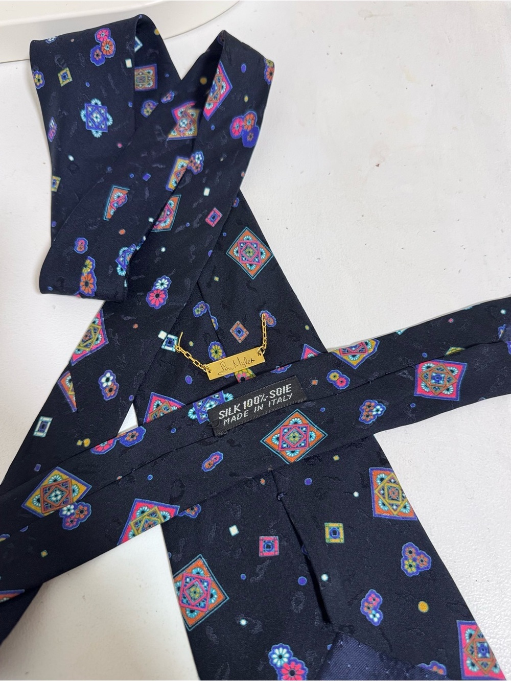 Vtg Lou Myles | 100% Silk Tie | Geometric Medallion | Blue| Gold Chain keeper